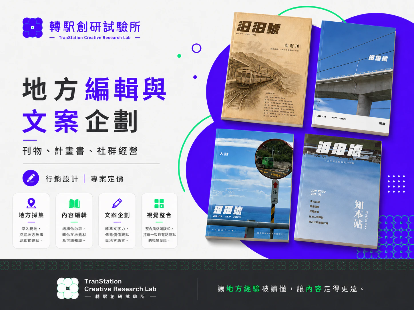 地方編輯與文案企劃服務介紹，展示汩汩號刊物與四項內容服務。